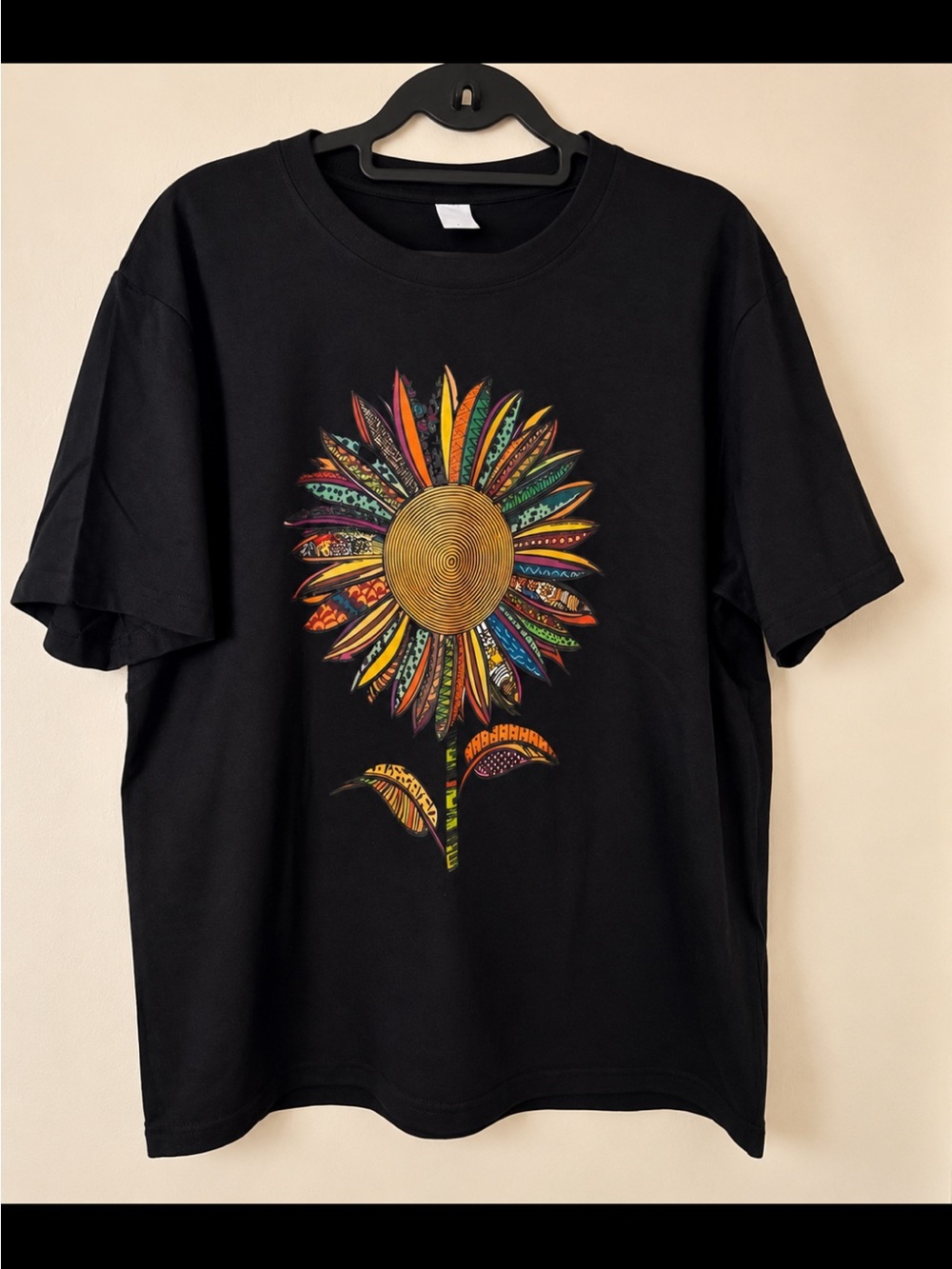Men's Black Short Sleeve T-Shirt with Colorful Sunflower Graphic